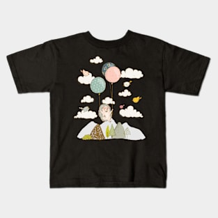 Floating Hedgehog in Sky - Whimsical Scene with Hedgehog and Birds Kids T-Shirt